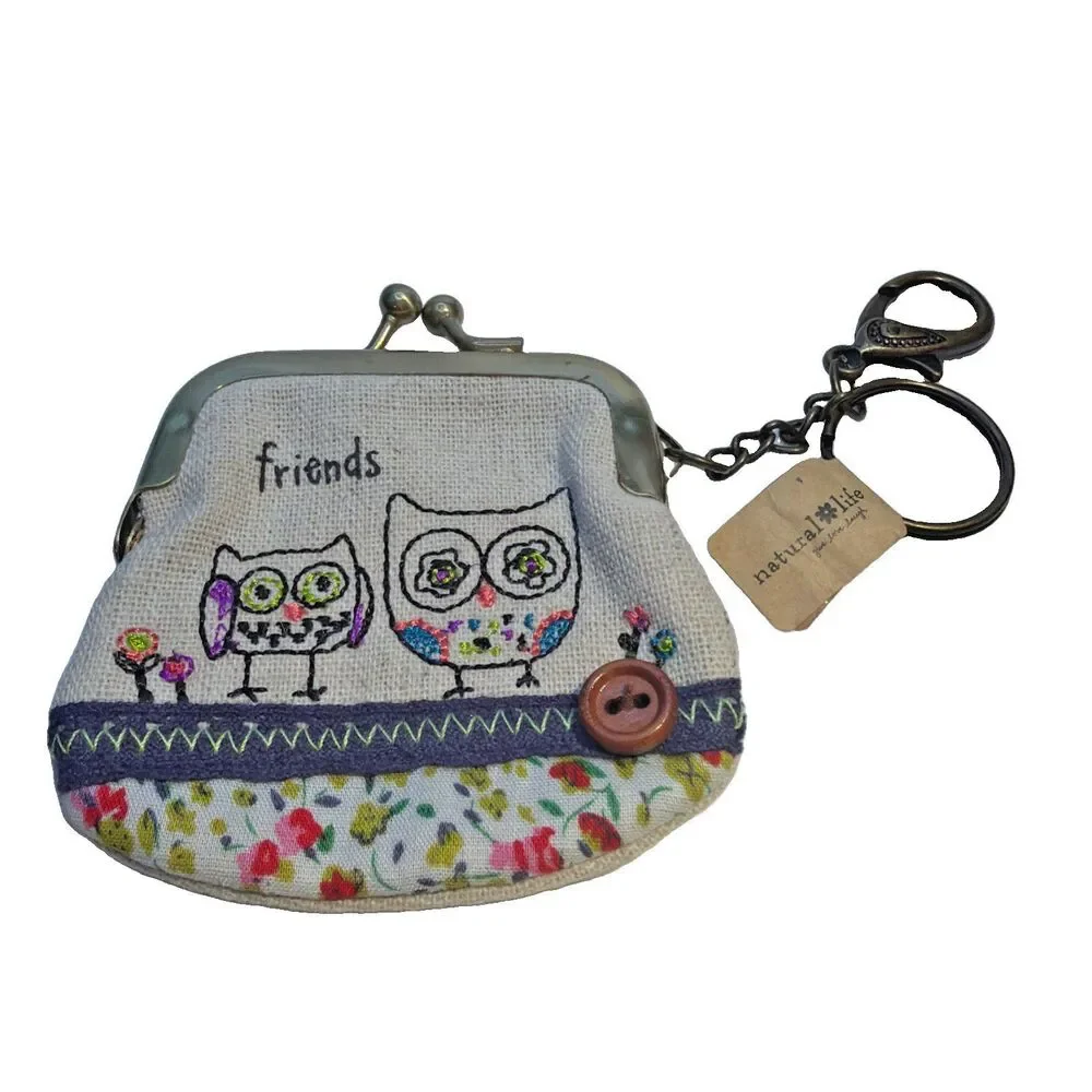 Natural Life Prairie Stitch Owl Coin Purse Keychain Pouch Boho Friends Kiss Lock